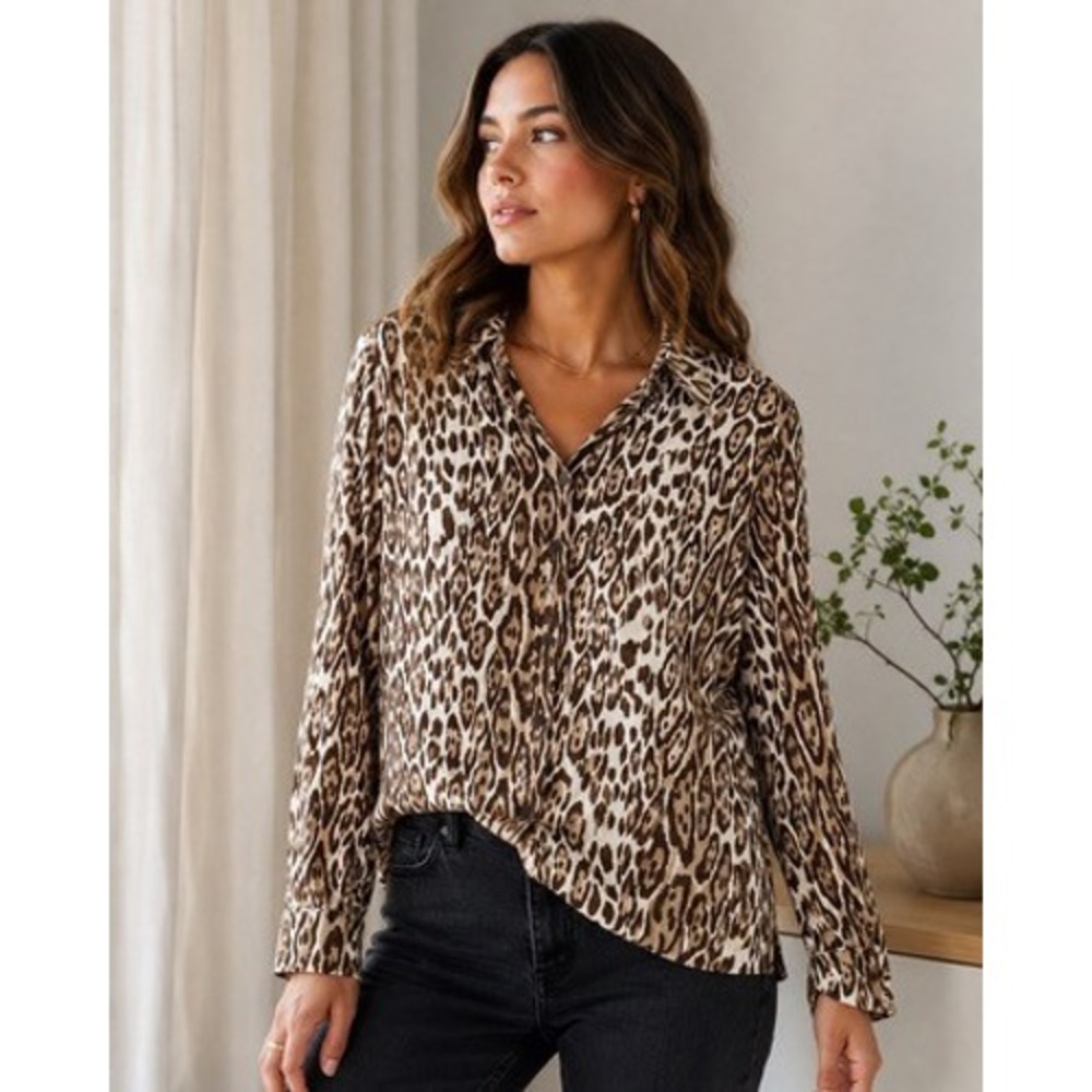 Basler Brown Leopard Print Cotton Button Down Blouse Long Sleeve Women Shirt